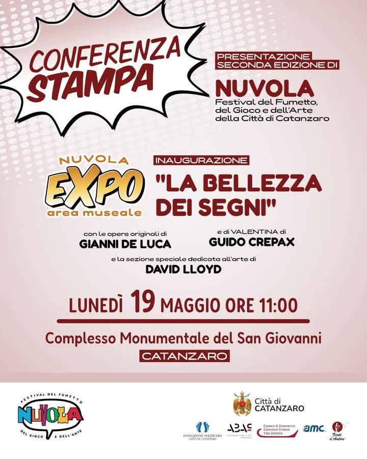 Finalmente ci siamo 🗨️ Lunedì 19 maggio alle 11.00 Pronti a raccontarvi il programma della seconda edizione del Nuvola Comics
Il primo festival diffuso di arte fumettistica della Calabria e del Comune di Catanzaro